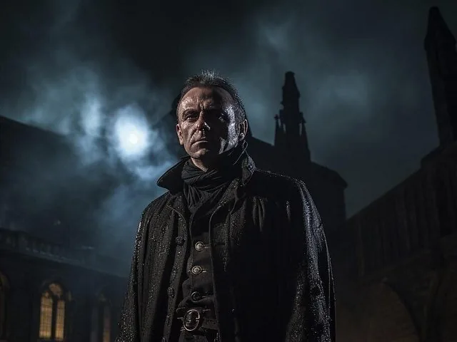 Un homme en manteau sombre se tient devant un bâtiment la nuit.