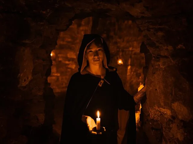 A person in a dark cloak holding a candle in a dark space.